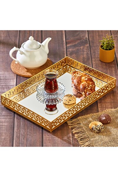 moda armanc Lux Aynalı VRSC Desenli Gold Sunum Tepsisi
