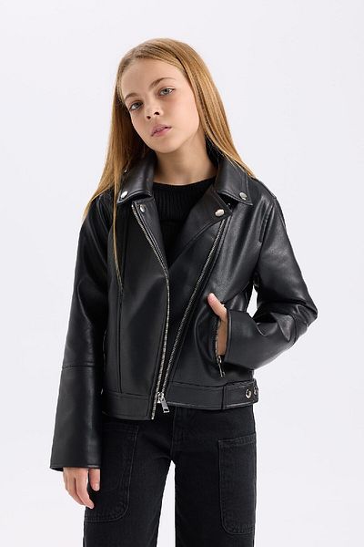 DeFacto Girl's Water Repellent Zippered Faux Leather Jacket Coat D6921A825Sp