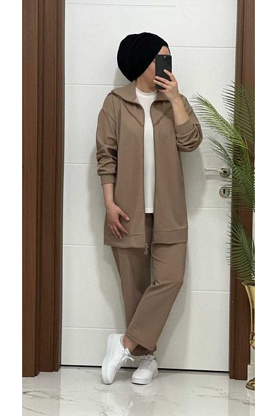 masalabiyem Beige Collar Stone Zippered Double Set