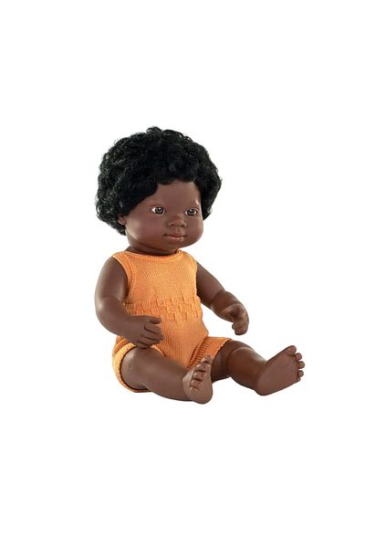 Miniland Doll 38 cm, African girl, dressed in knitted overalls