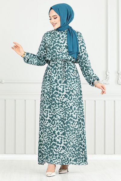 ModaMerve Rochie din viscoză cu model leopard 803ozr1047-m Petrol