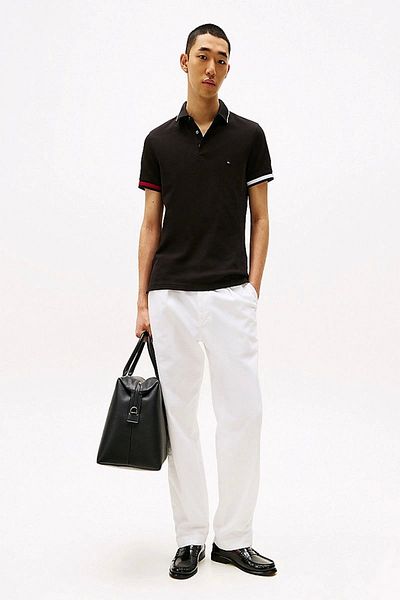 Tommy Hilfiger Flag Cuff Slim Fit Polo Men's Black T-Shirt Mw0Mw38458Bds