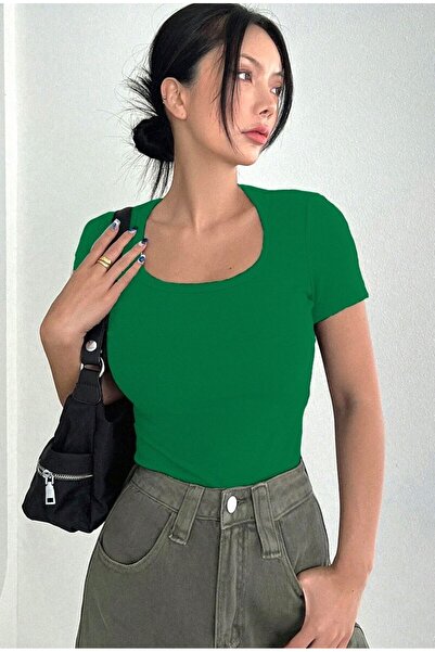 Rooted Γυναικείο μπλουζάκι και μπλούζα με πράσινο τετράγωνο γιακά, ύφασμα καμ...