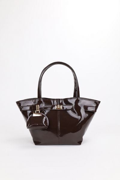 NOTHING Women's Charm Detailed Brown Patent Leather Magnet Closure Hand and Shoulder Bag Samira