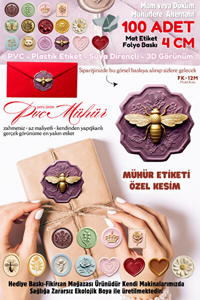 FİKİRCAN MÜHÜR ETİKETİ 100 Adet Kokusuz Ekolojik Mürekkep PVC ETİKET 4 CM MUM...