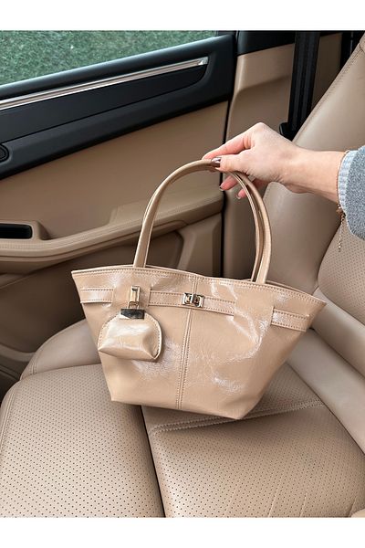 NOTHING Samira - Mink Colored Patent Leather Hand and Shoulder Bag with Charm Detail