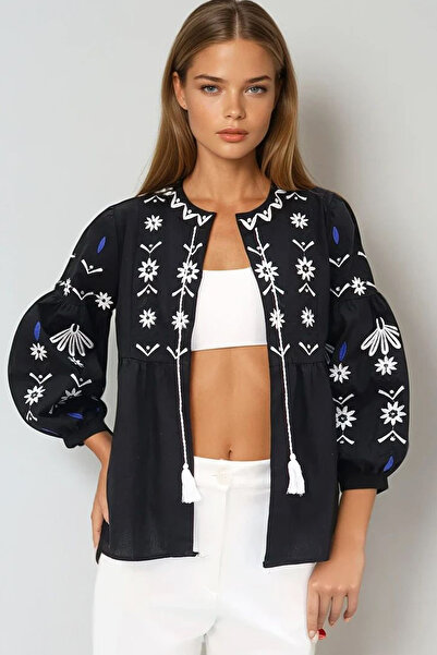 VAGGON Women's Black Balloon Sleeve Embroidered Jacket Vgn-X10541