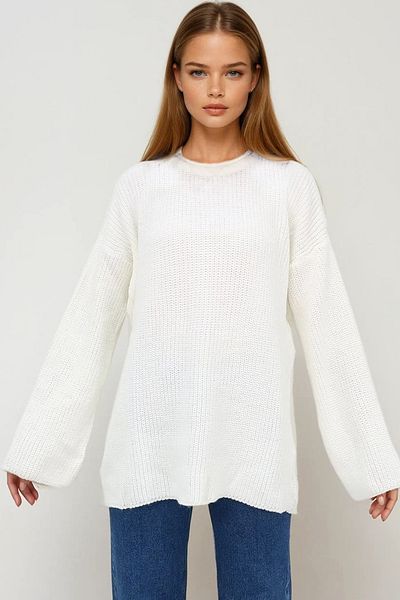 VAGGON Women's Ecru Crew Neck Double Sleeve Thessaloniki Knitted Oversize Winter Sweater Prmx7346