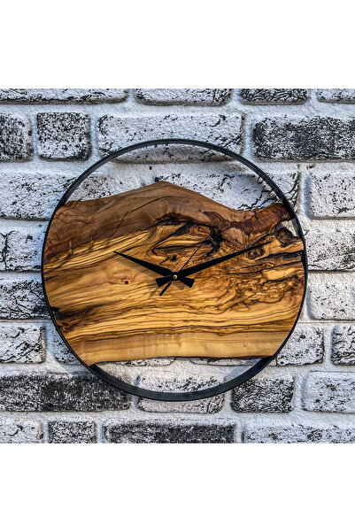Home Doğal Zeytin Ağacı ve Metal Kasnaklı El Yapımı Duvar Saati - Rustik Deko...