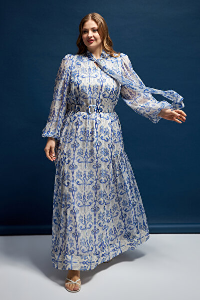 İnce Plus Size Long Silky Chiffon Dress with Shawl Neckline Belt Detail