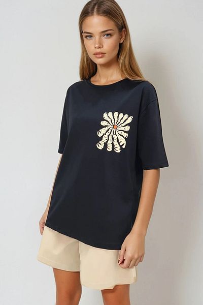VAGGON Tricou negru pentru femei cu decolteu rotund – Tricou oversize cu imprimeu flocat