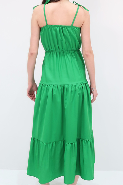 VAGGON Kadın Yeşil Kat Kat Volanlı Askılı Boncuk Aksesuarlı Midiboy Elbise Prmx12333
