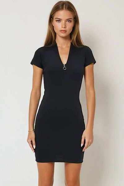 VAGGON Rochie de bază cu jumătate de mânecă, cu fermoar, cu guler negru, Prmx12350