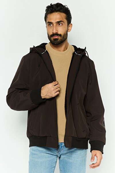 Michael Kors جاكيت رجالي بغطاء رأس وشعار العلامة التجارية، بني غامق