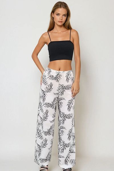 VAGGON Pantaloni Palazzo țesuți din in, negri, cu modele florale, Prmx11861