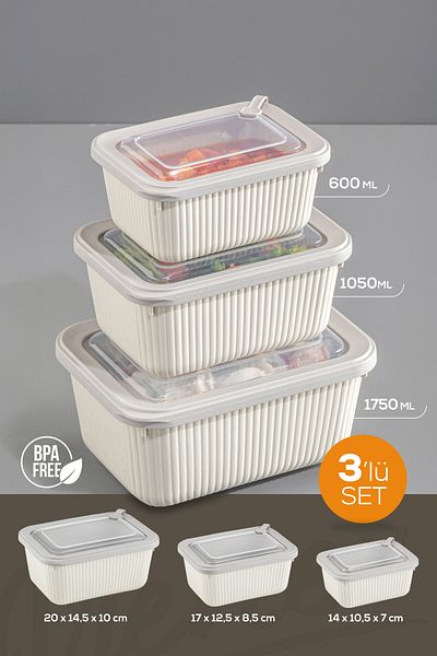 Vienev 3-Piece Vip Rectangular Microwave and Diffuse Suitable Storage Container Set Beige 1X(1750,1050,600 ml)