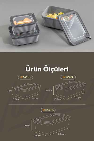 Vienev 3-Piece Vip Rectangular Microwave and Diffuse Suitable Storage Container Set Gray 1X(1750,1050,600 ml)