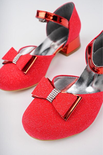 Ramer Kız Çocuk Kırmızı Abiye Simli Kum Detaylı Fiyonklu Ayakkabı