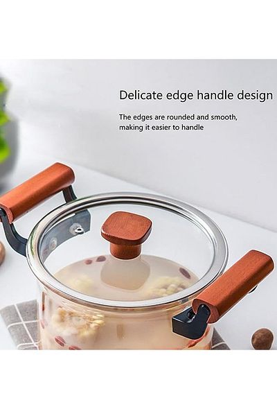 mastergold Heat Resistant Clear Borosilicate Glass Cooking Pot with Stylish Wooden Handles Glass Pot Multi-Use