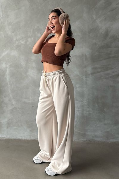 Madmext Beige Basic Damen Jogginghose - Verstellbare Taille, weites Bein, Relaxed Fit MG2122