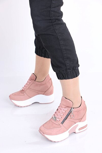 sefayol Brice Pink Suede Lace-Up Zippered Hidden Heeled Women's Sneakers