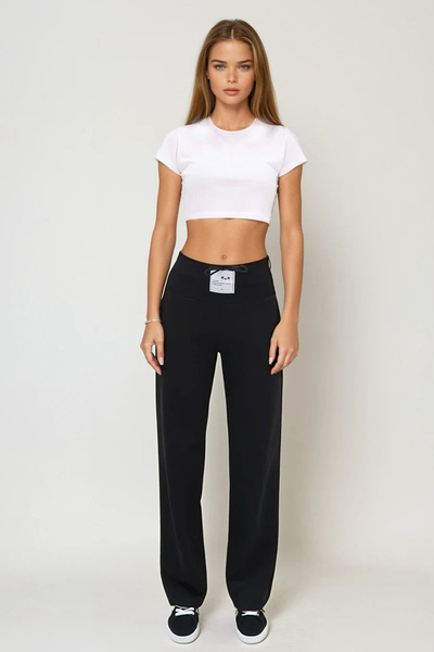 VAGGON Women's Black High Waist Emblem Wide Leg Sweatpants Prmx12271