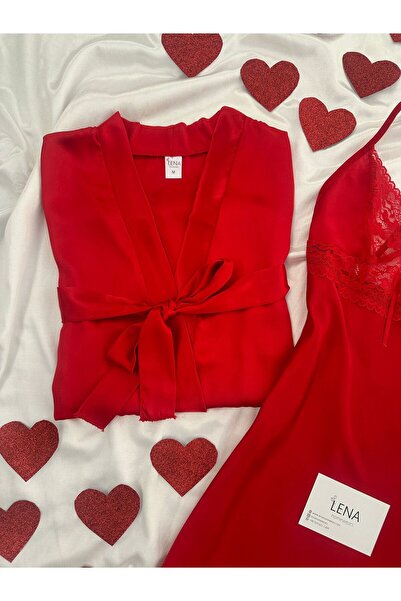 Lena Homewears Satin Double Red Nightgown Dressing Gown Set
