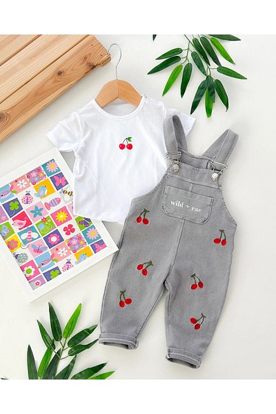 hümabebe Cherry Embroidery Knitted Denim Fabric Salopet Tshirt Summer Set of 2
