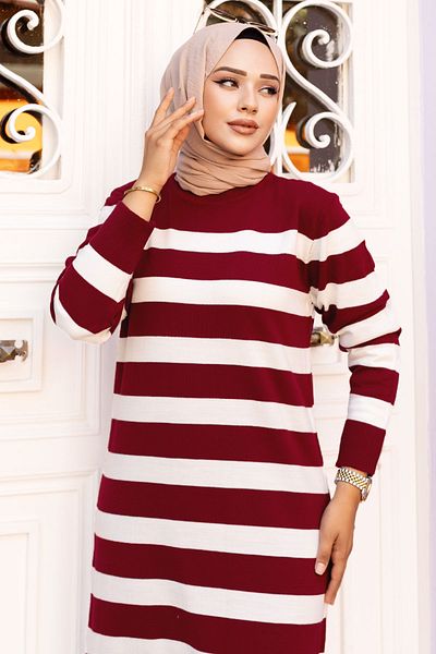 Tesettür Dünyası Rochie tricotată cu dungi bordeaux - TSD 240719
