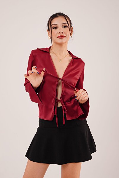 Hipo Trend Σατέν μπροστινό δέσιμο μπλούζα μπορντό κομψότητας