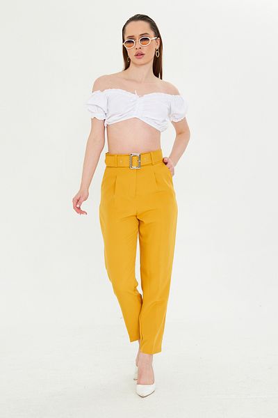Kutaf Mustard High Waist Belted Carrot Trousers