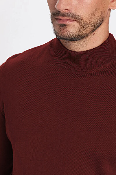 Tudors Erkek Slim Fit Dar Kesim Yarım Balıkçı Yaka Düz Bordo Triko Kazak