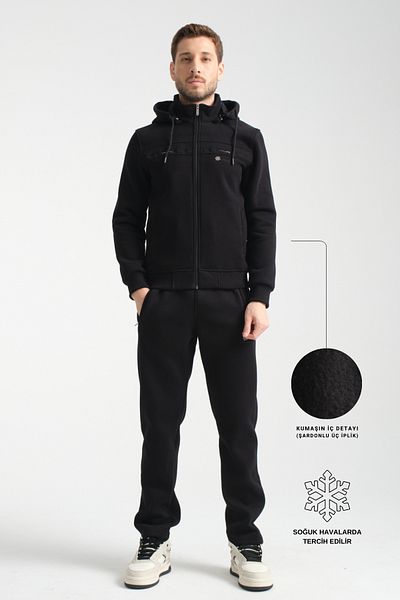 Shooter Winter Black Men's Tracksuit Set with Hooded Hood Inside Regular Fit
