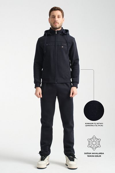 Shooter Winter Navy Blue Men's Tracksuit Set with Hooded Inside Regular Fit