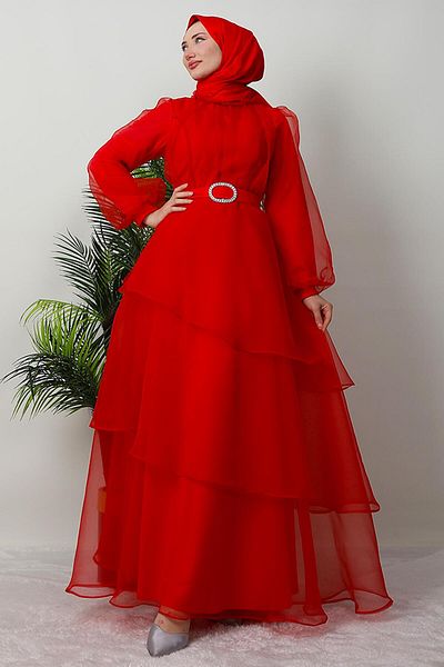 GİZ AGİYİM Red Huma Hijab Evening Dress