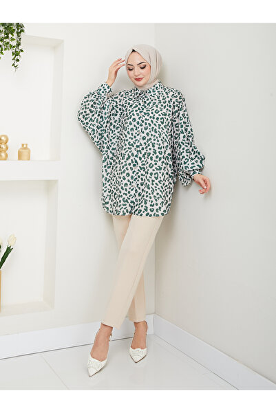 EFSUN MODA Сорочка з леопардовим принтом, довгі рукави 2508 ZÜMRÜT 38 розмір