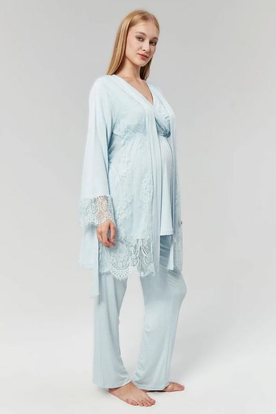 Pelin Set de pijamale din 3 piese pentru femei, albastru, cu guler dublu, din dantelă