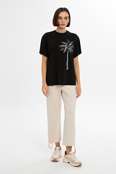 GIZIA SPORT Parlak Taşlı Siyah T-Shırt