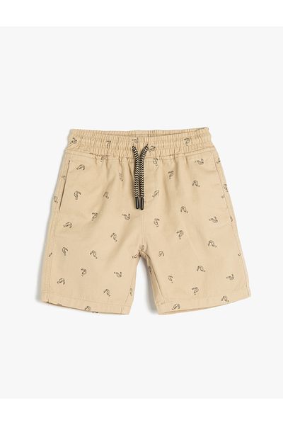 Koton Cotton Patterned Shorts with Lace-Up Waist Pocket Detail
