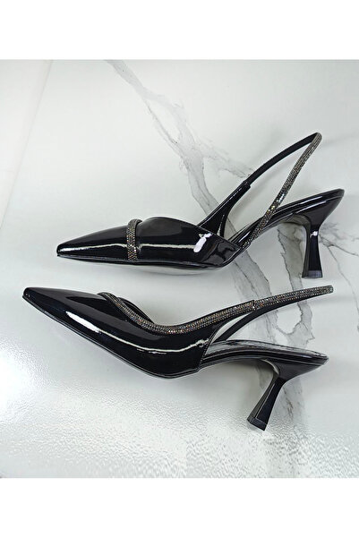 Everest Kadın Siyah Rugan Stiletto Arkası Açık Taşlı Topuklu Ayakkabı