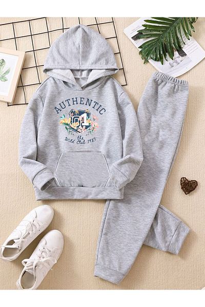 FYK KİDS GIRLS TEXT PRINTED HOODED TRACKSUIT