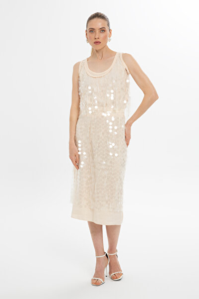 GİZİA Payetli Midi Ekru Etek