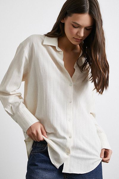 Never more Cream Colored Cotton Textured Striped Shirt