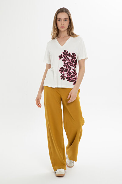 kı.we Çiçek Motif Baskılı V Yaka Ekru Bluz