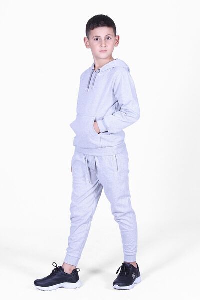 FYK KİDS Plain Kangaroo Pocket Hooded Boy's Tracksuit Set
