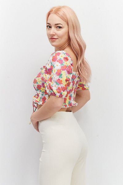 Asos Design Women Petite Square Neck Puffed Sleeve Allover Print Crop Top, Red Combo