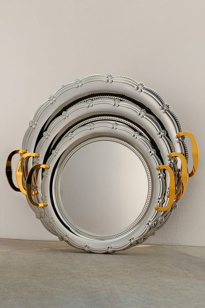 ALSAIF طقم صواني تقديم من 3 قطع، تصميم عصري وأنيق يضفي لمسة مميزة على أي مساحة، نيكل/ذهبي
