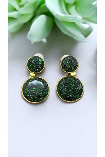 Yaseminli Butik Green Shiny Round Gold Detail Dangle Earrings