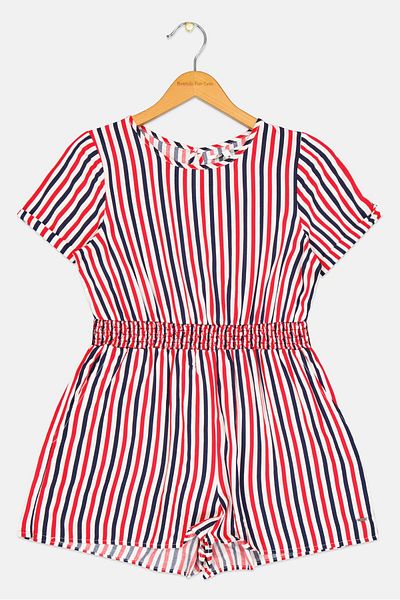 Pepe Jeans Kids Girl Stripes Short Sleeves Playsuit, Red Combo