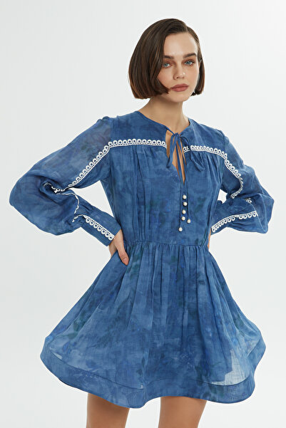 4G GIZIA Dantel Aksesuarlı Mavi Kısa Elbise